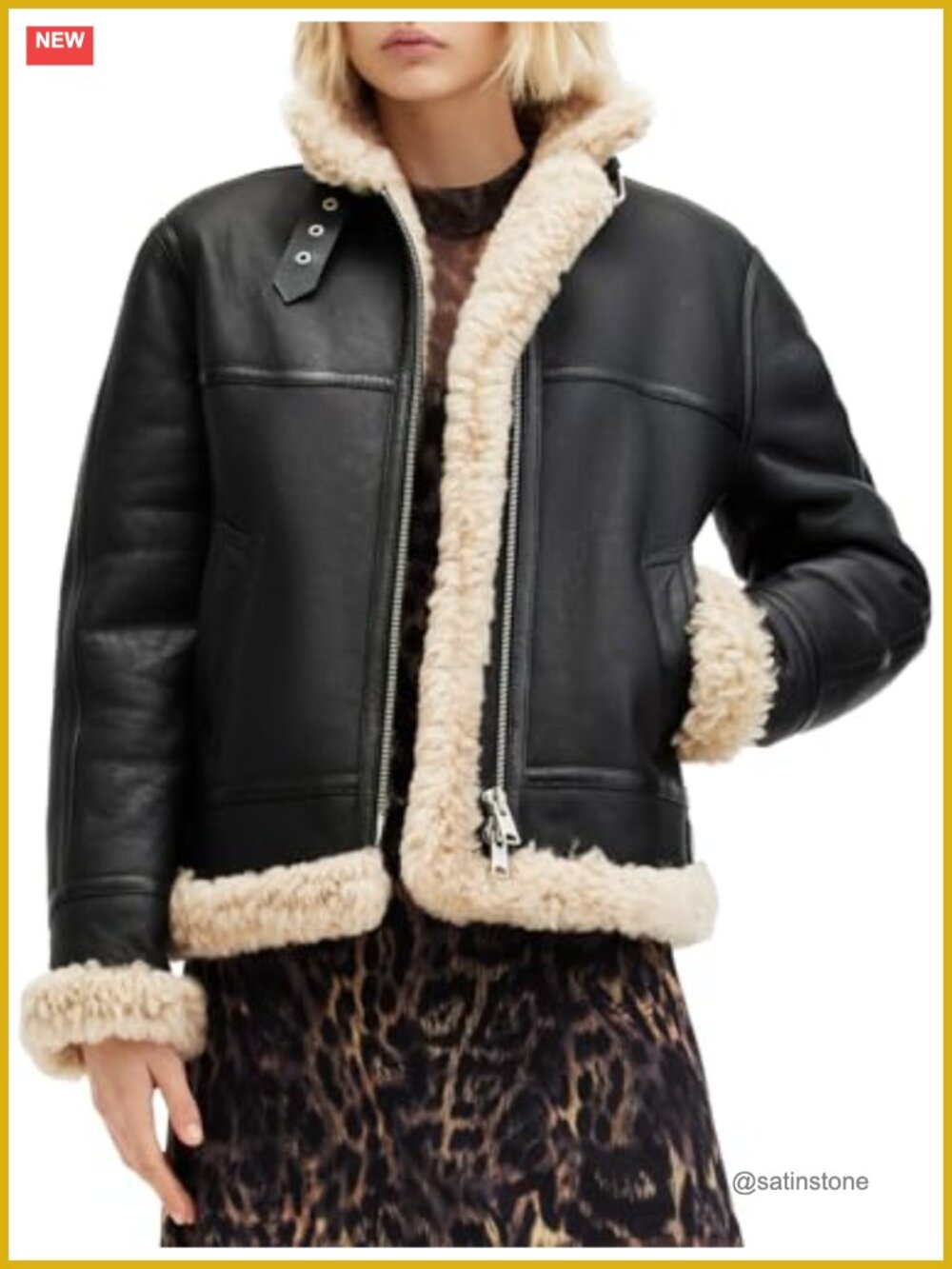 AllSaints Women's Aviator Leather Jacket Long Sleeve Point Collar